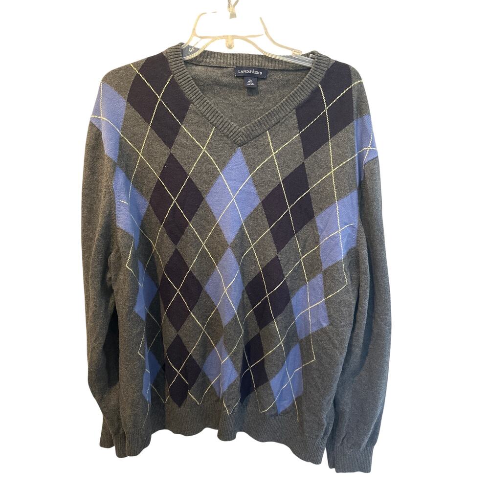 ⭐️ Men’s Lands End Gray Argyle V-Neck Cashmere Blend Sweater Size XXL Preppy